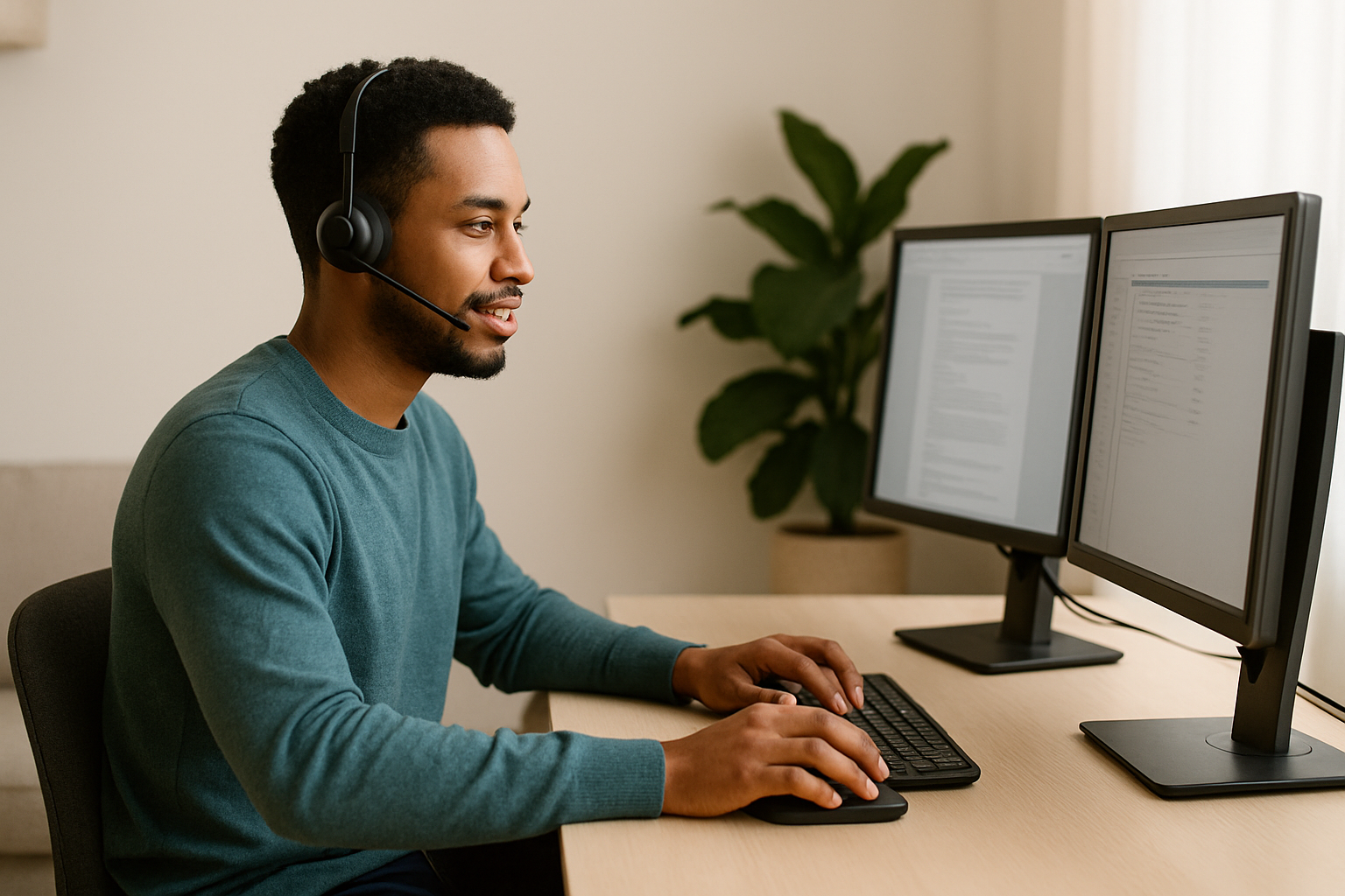 Professional exploring a new remote career path on a dual-monitor setup