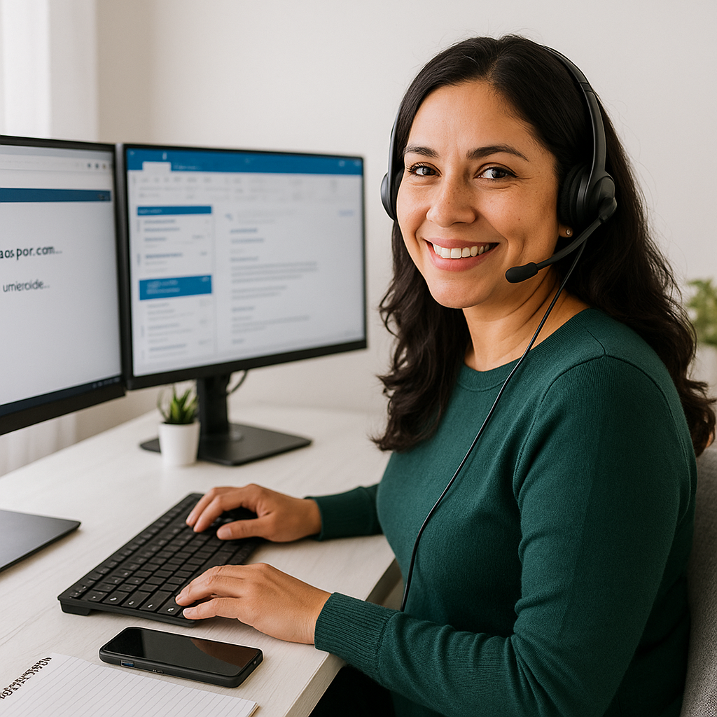 Bilingual contractor wearing a headset at a bright home office