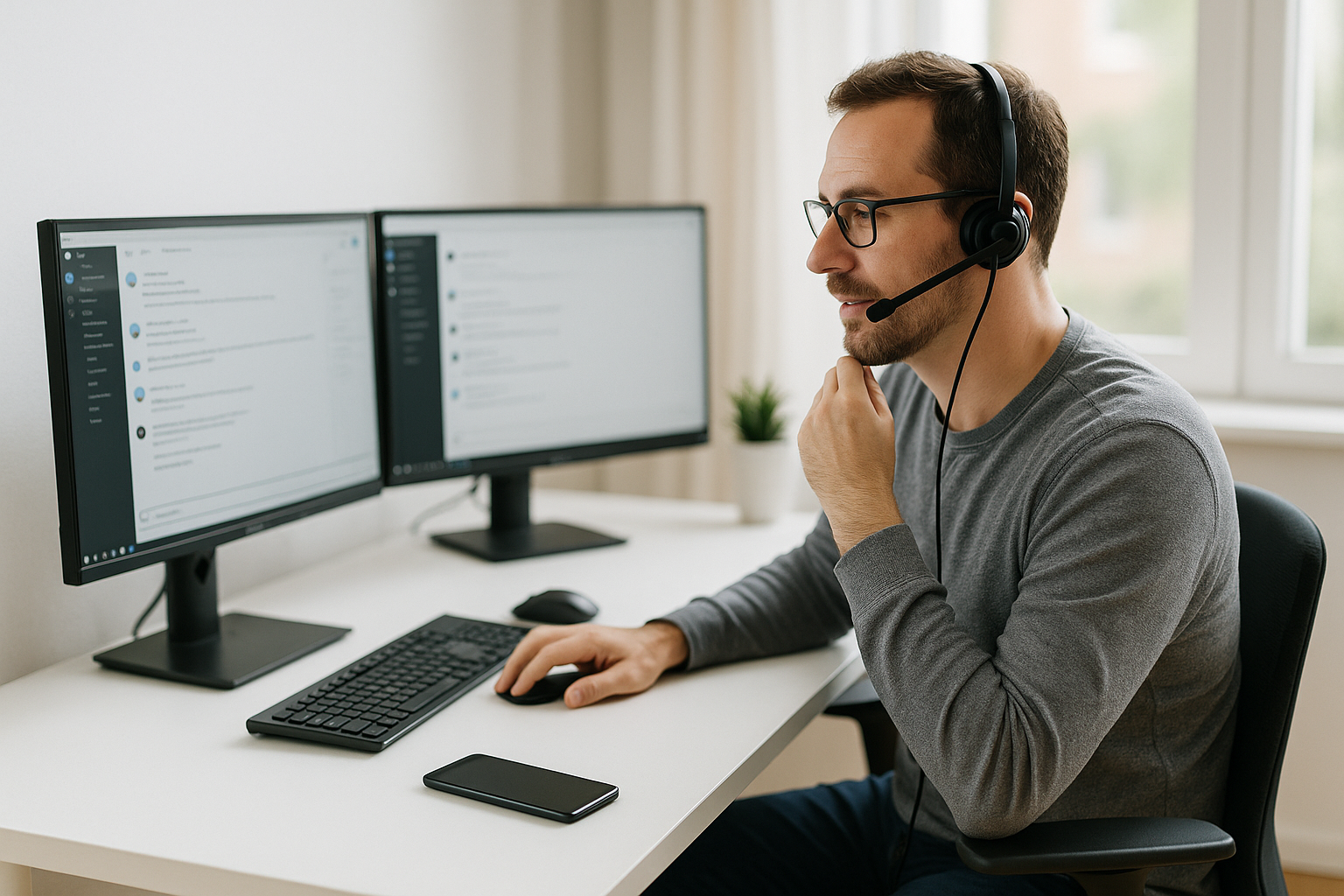 Independent contractor at a dual-monitor desk wearing a headset