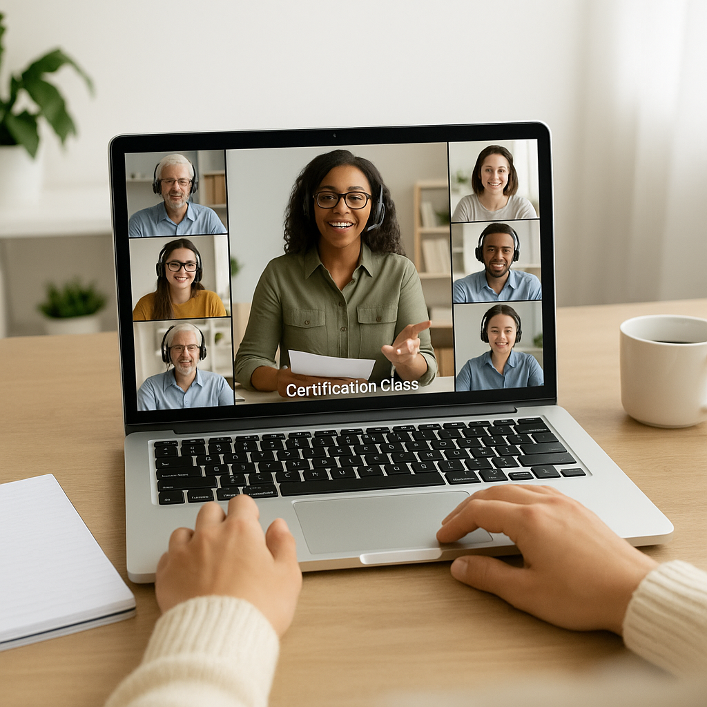 Live virtual certification session on screen with participants wearing headsets